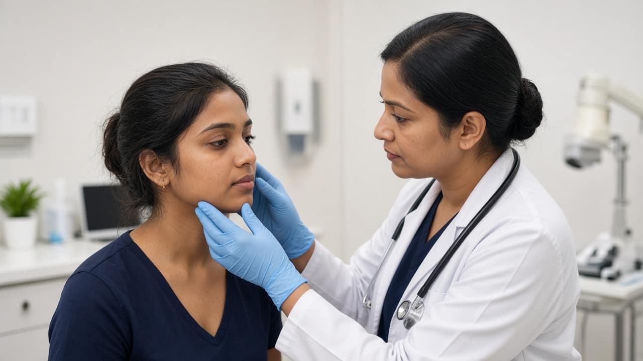 Dermatologist in blue gloves examining a patient's cheek and jaw during a consultation