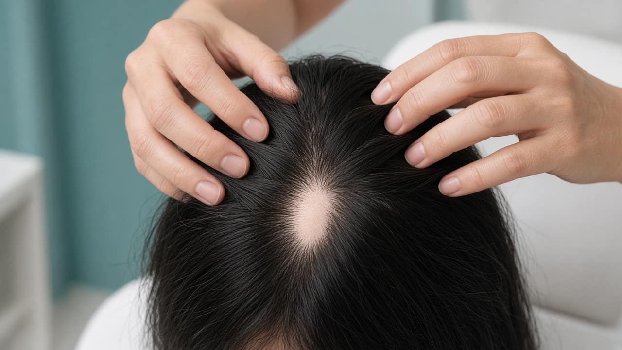 Hands parting dark hair to show a small smooth patch of scalp