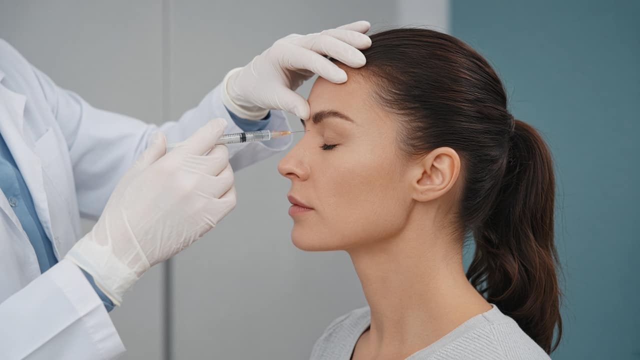 Clinician in white gloves steadying a forehead before an aesthetic injection