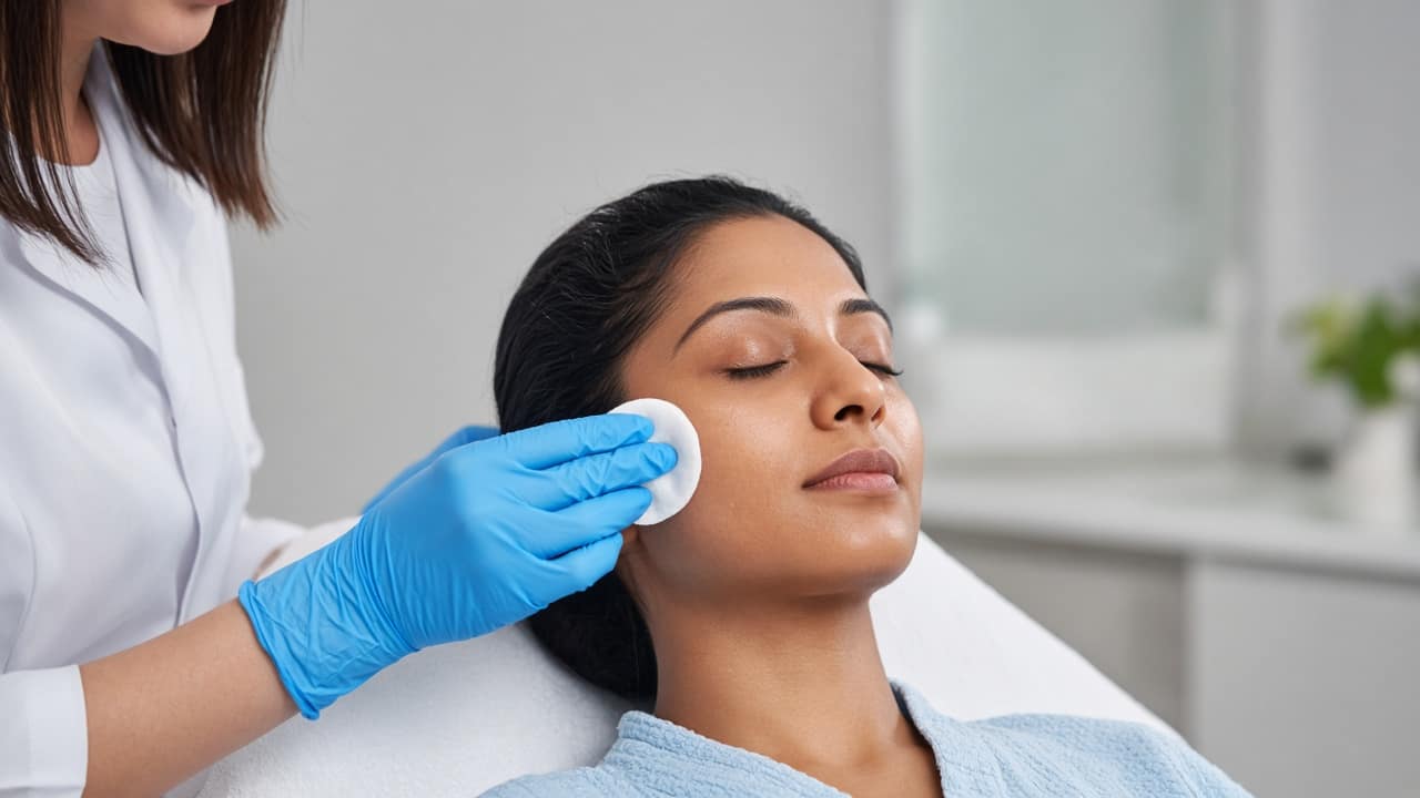 Clinician in blue gloves wiping a patient's cheek with a cotton pad