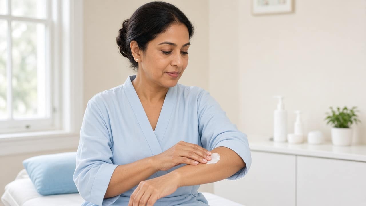 Patient applying moisturizer to her forearm in a clinic