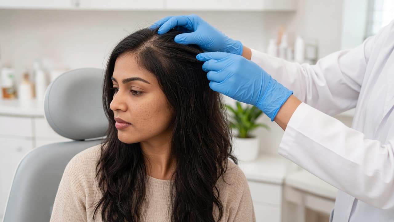 Clinician in blue gloves parting a woman's hair to examine the scalp
