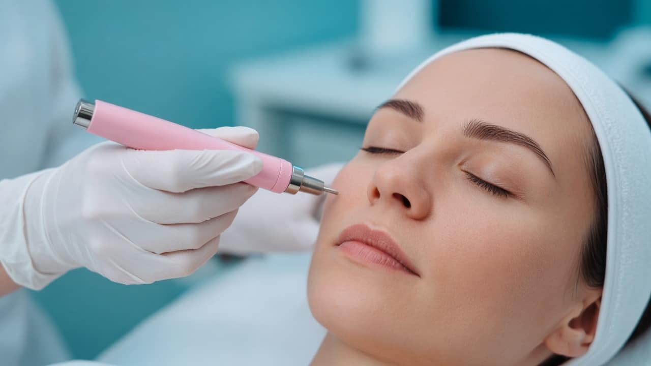 Microneedling pen held just above a patient's cheek in a clinic