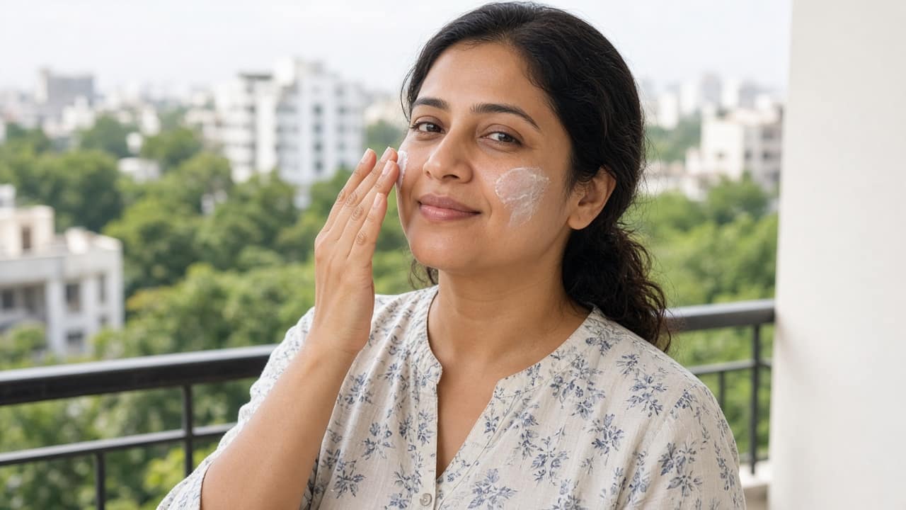 Woman applying sunscreen to her cheek in bright daylight