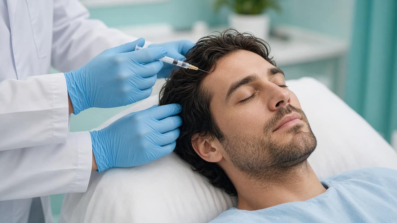 Clinician in blue gloves holding a syringe near a man's hairline