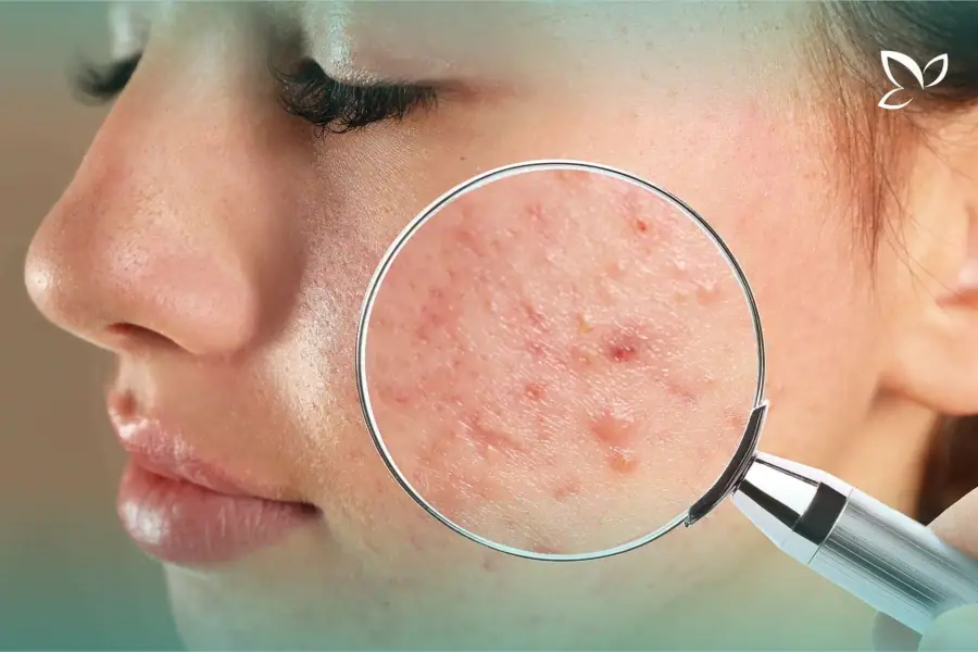Cheek examined under a magnifying glass, showing acne spots