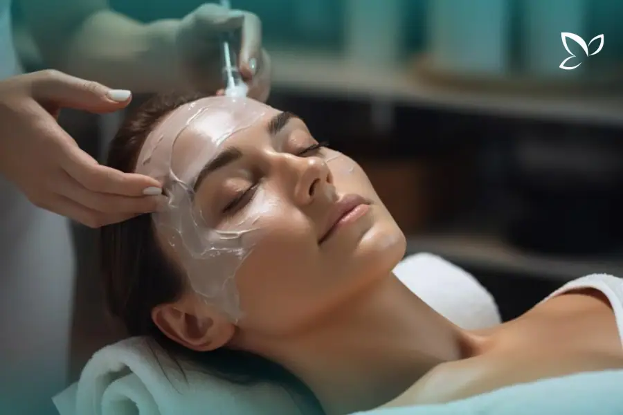 Clinician brushing a peel mask across a patient's forehead