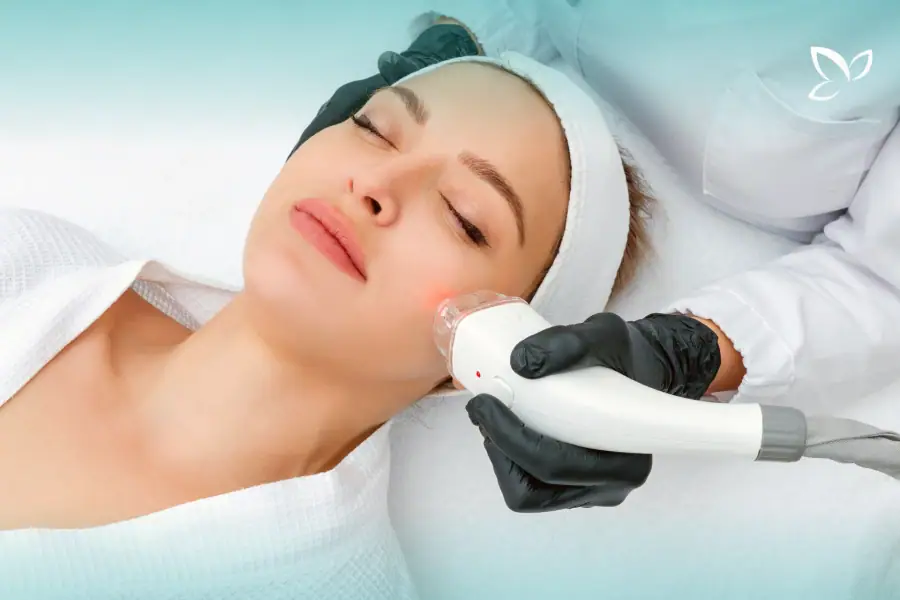 Clinician holding a laser device against a patient's cheek
