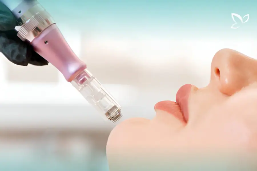 Microneedling pen held near a patient's chin